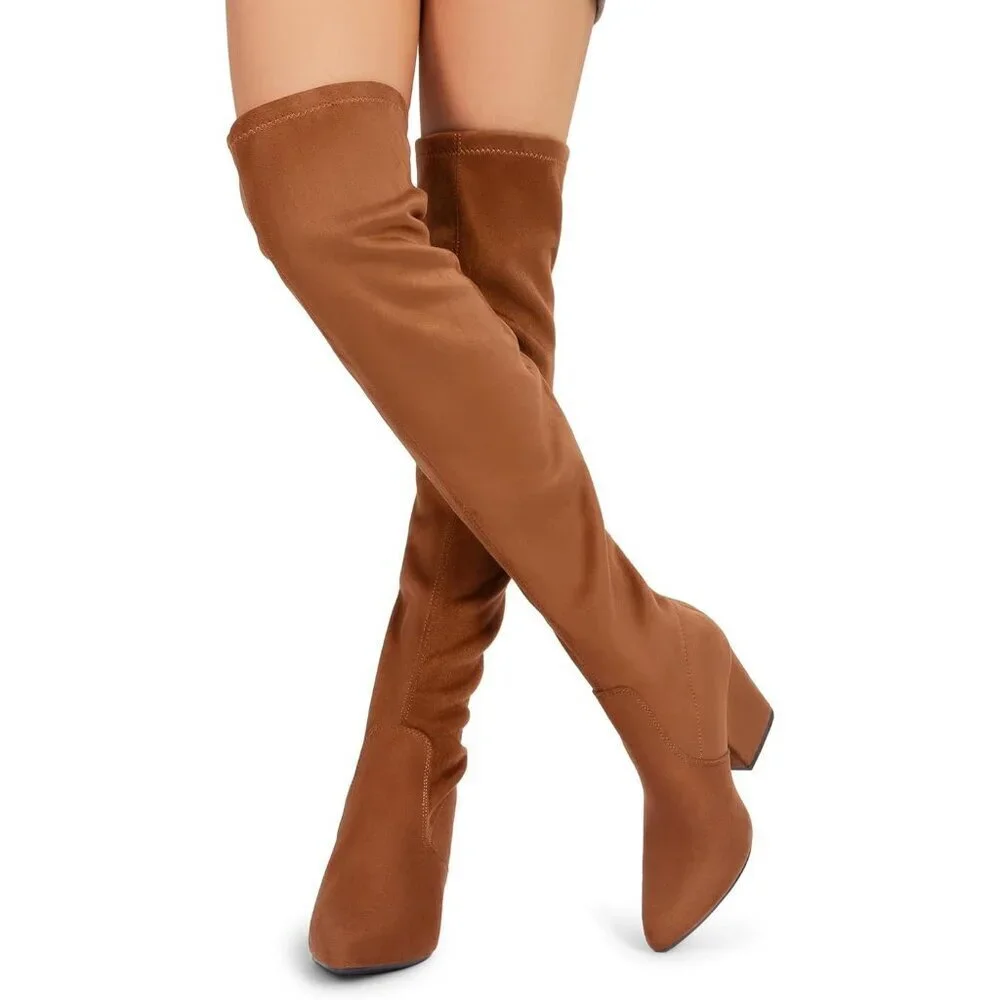 Women Faux Suede Brown Chunky Blocked Heel Thigh High Pointed Toe Fashion Boots